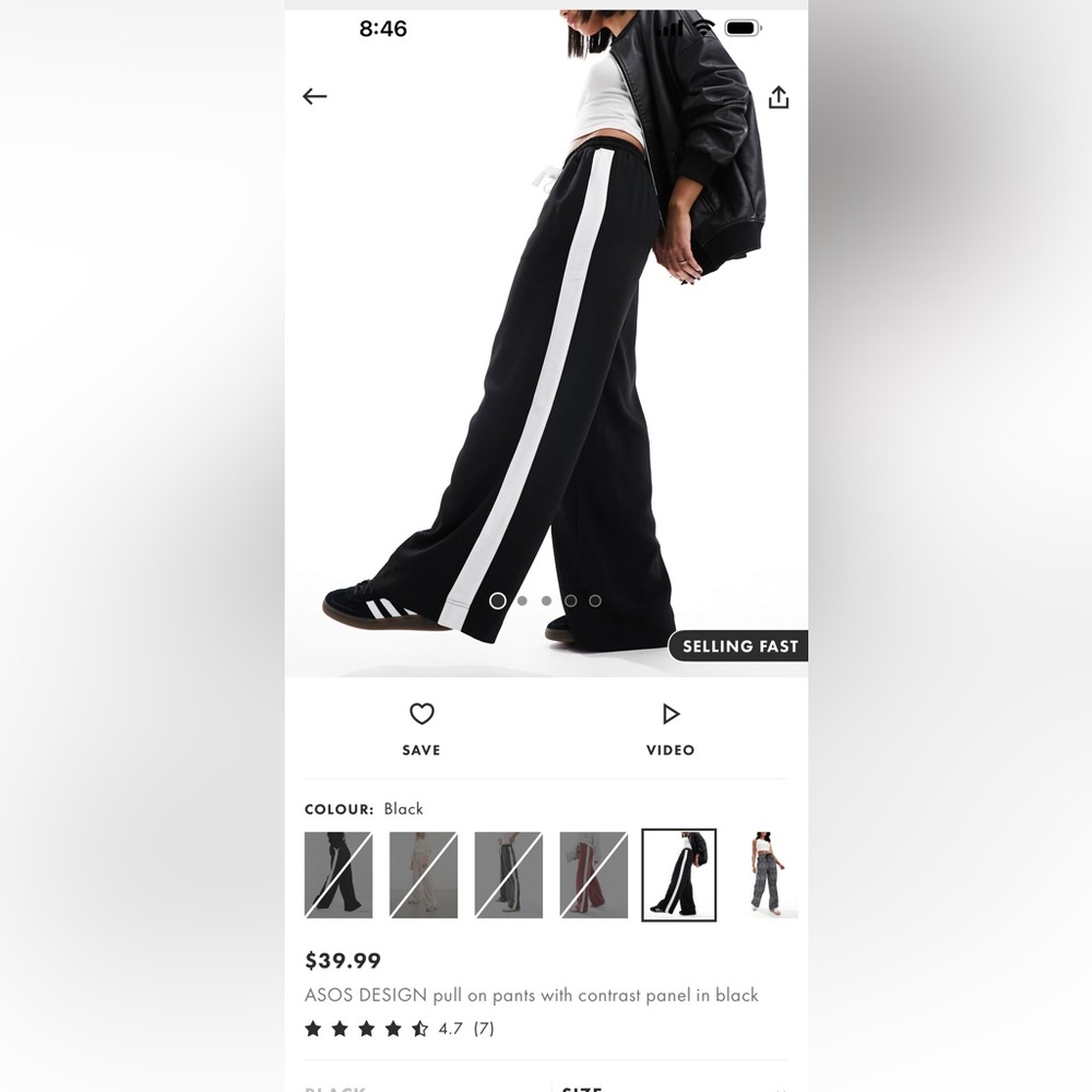 ASOS black wide leg draw string pants with white strip. Women’s size 14
